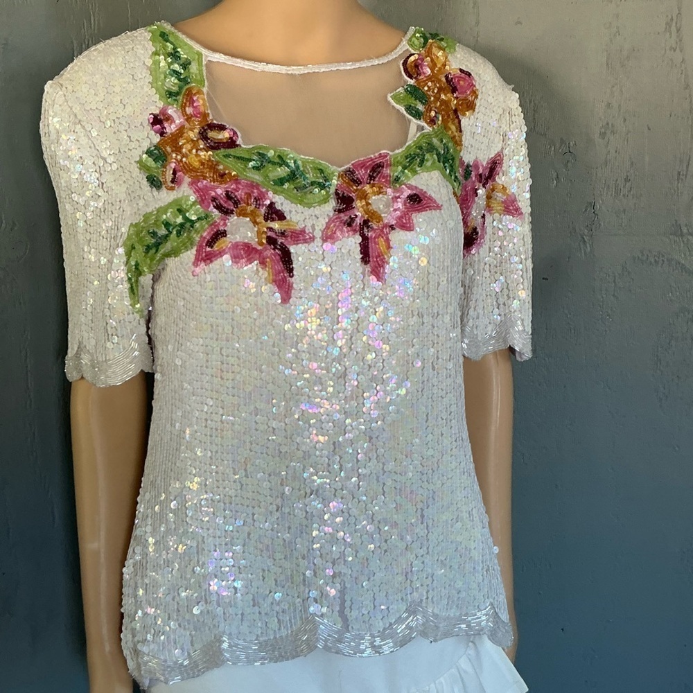 Vintage Women Floral Granny Core Sequin White Pink Silk Linen